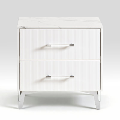 Glam table de chevet de 2 tiroirs de rangement en faux marbre stratifié avec pieds en métal chromés et meubles de chambre à coucher 1 pièce