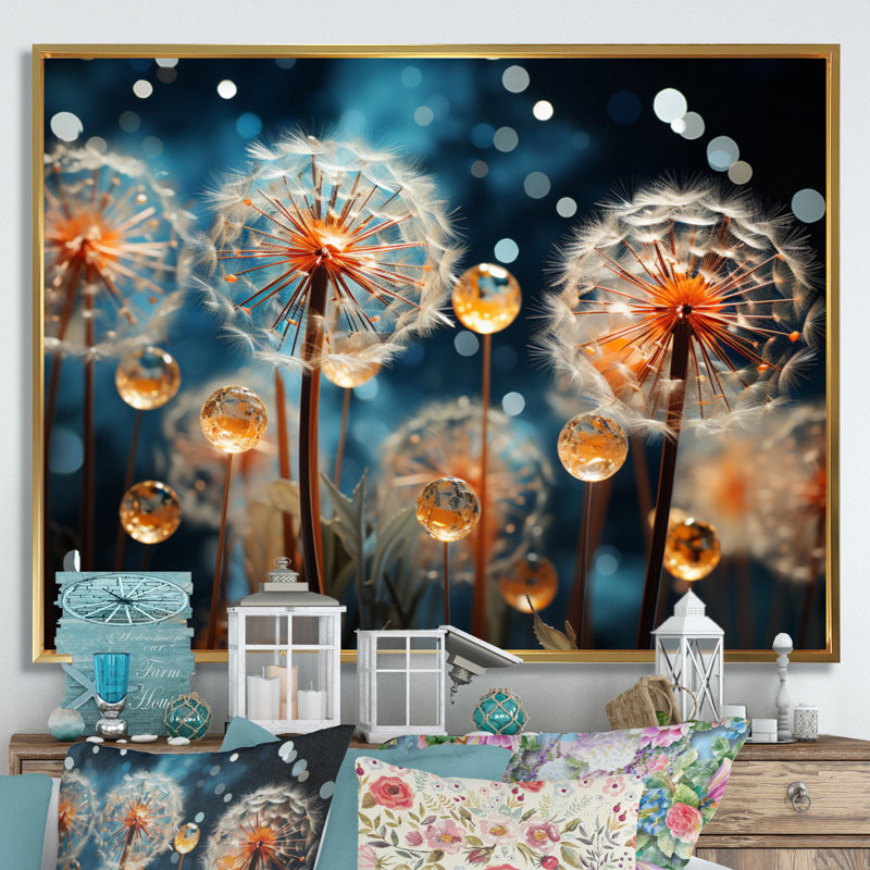 «Blue Dandelion Floral Symphony VII», reproduction sur toile, Cadre flottant doré, H 16 po x l 32 po x P 1 po