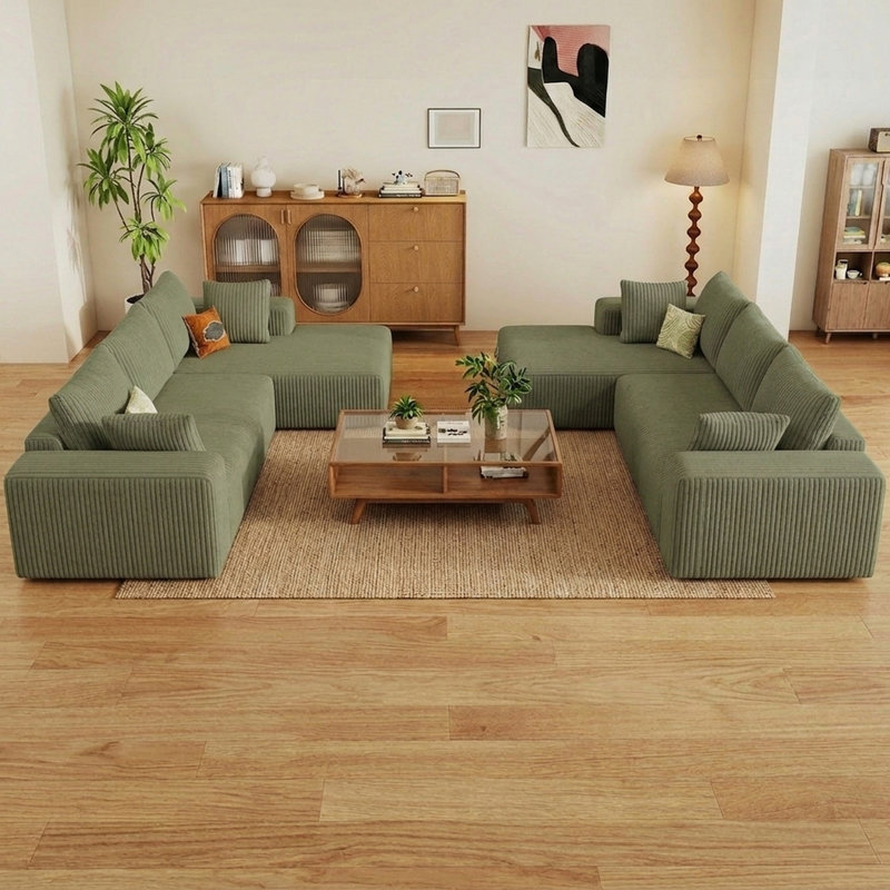 2 pièces Canapé modulaire en forme de L de 95 po en forme de L, canapé sans dossier en velours côtelé avec assise profonde, sans assemblage requis, vert