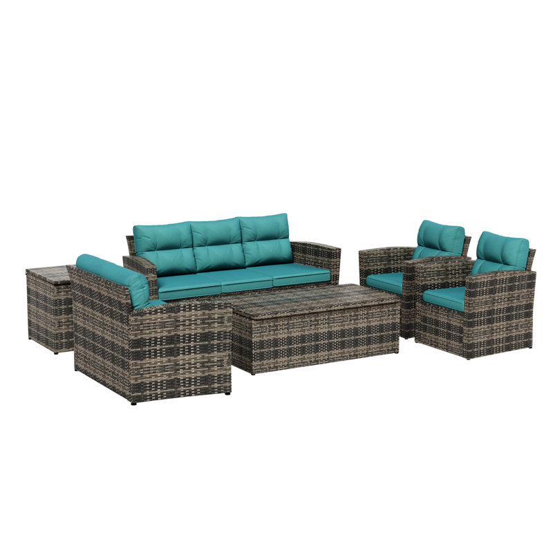 Ensemble de conversation pour patio en osier de rotin 6 pièces, Turquoise