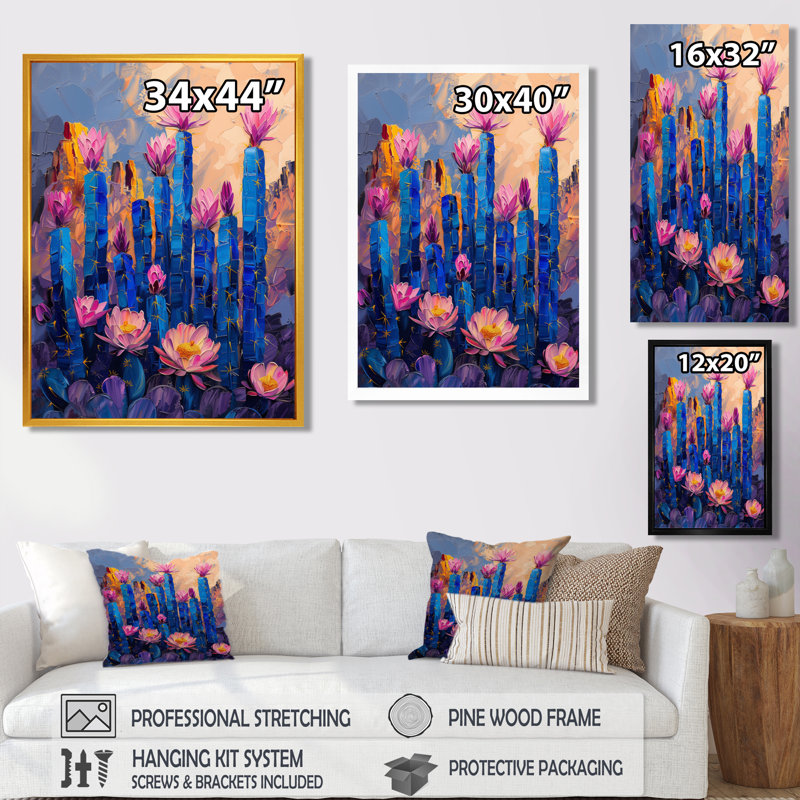 Cactus Grace III avec fleurs roses et bleues - cactus floral, H 20 po x l 12 po x P 1 po, Toile encadrée noire simple