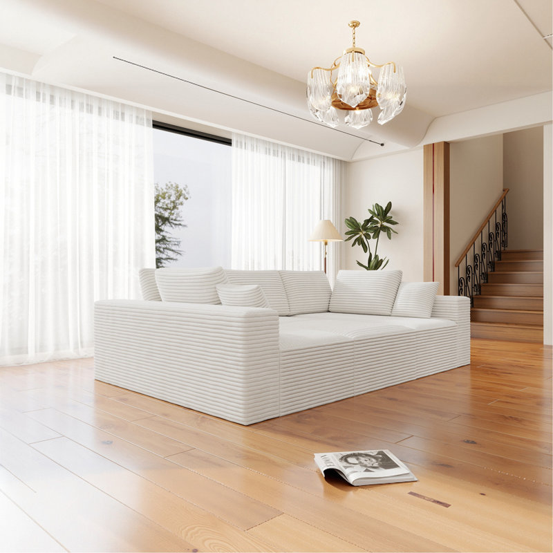 Siège de canapé modulaire 98,4 * 68,9 po, canapé rembourré compressé pour le salon, la chambre à coucher, l’appartement, aucun assemblage requis, combinaison gratuite pour 4 PC, tissu en velours côtelé moelleux, BLANC