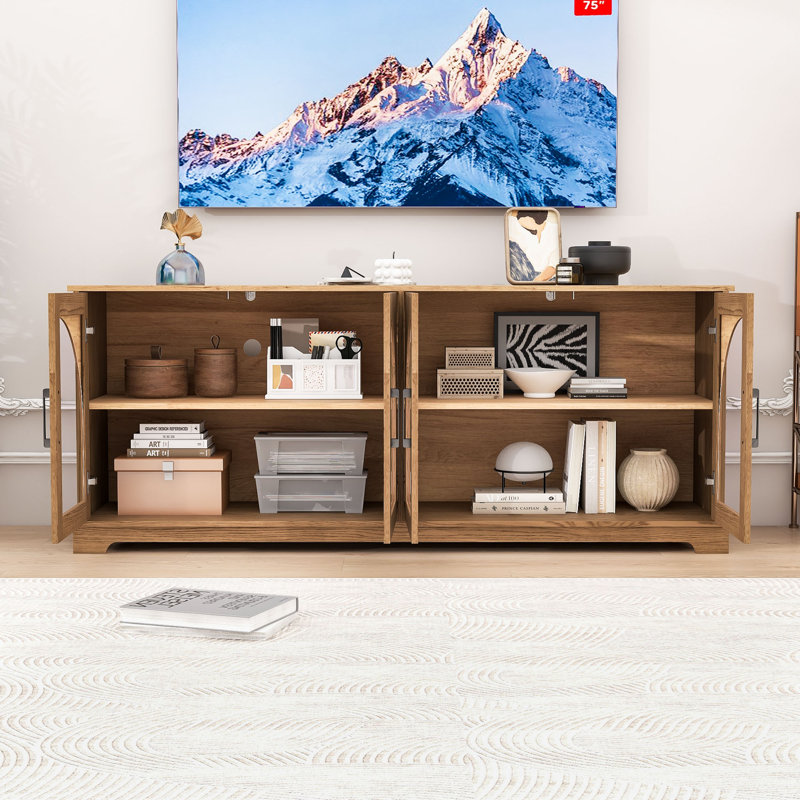 Meuble télé avec armoires à portes en verre semi-arquées, tablettes réglables et gestion des câbles