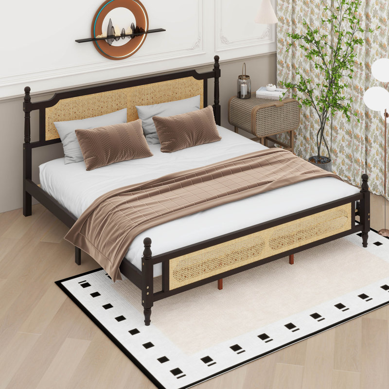 Base de lit en bois avec tête de lit en rotin, Espresso, Très grand