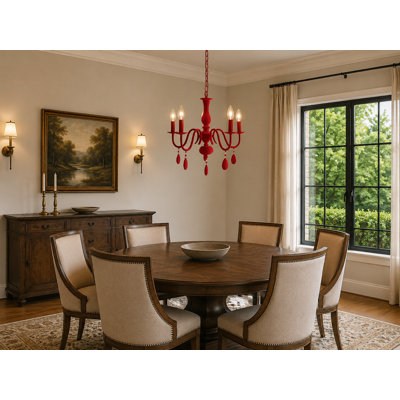 Lustre moderne 5 lumières en velours rouge avec cristal