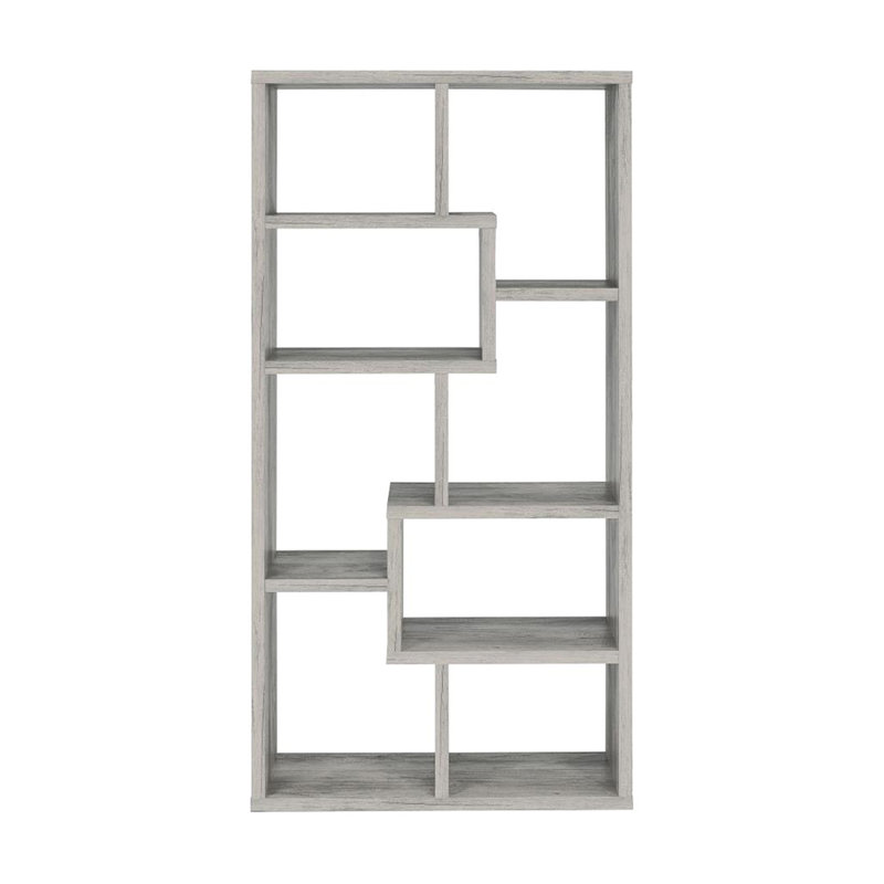 Bibliothèque géométrique grise avec 10 tablettes, dos ouvert pour un intérieur lumineux, design vertical pour maximiser la surface de plancher et un espace aéré