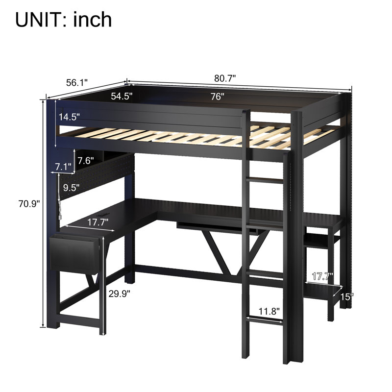 Luminest Multifunctional Loft Bed with Built-in Desk and Storage Solutions, Black