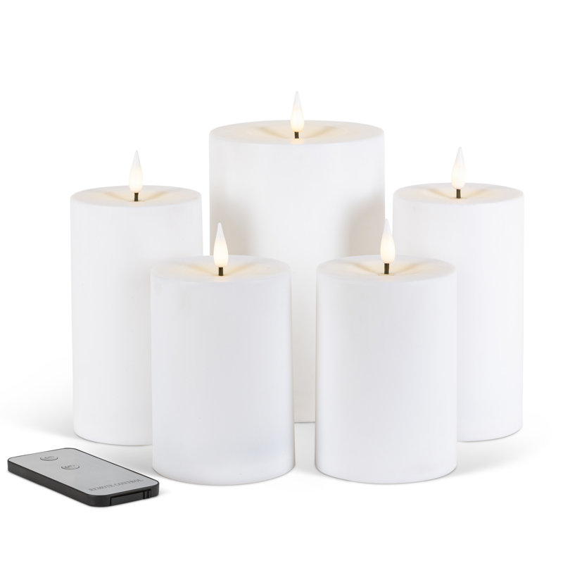 Indoor/Outdoor Flameless Pillar Candles with Remote, Set of 5