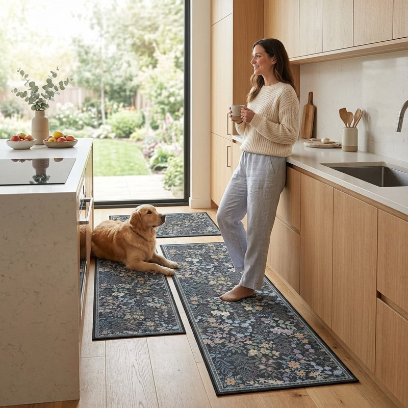 Ensemble de 3 tapis de cuisine anti-fatigue Boho avec fausse laine lavable antidérapante