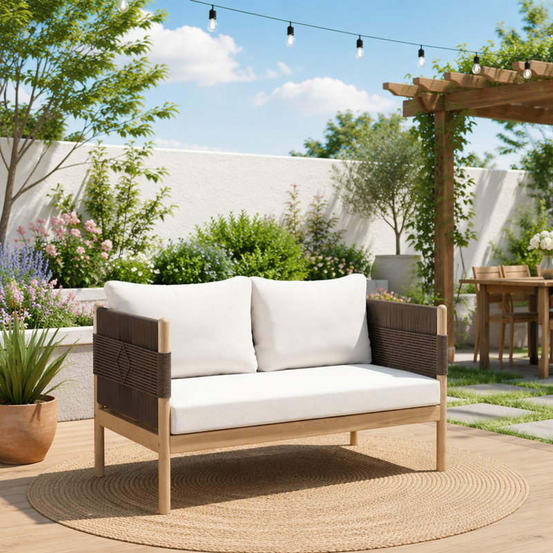 Causeuse d'extérieur en bois d'acacia avec tissage en corde de diamant et coussins confortables, parfaits pour les patios et les terrasses