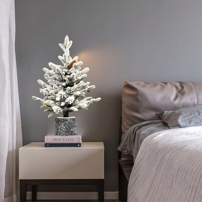 Arbre de Noël 2 pi avec base en pot, 30 lumières à DEL blanc chaud, 189 pointes, branches en PE + PVC avec 3 pommes de pin - petit arbre de Noël pré-éclairé pour la table, l'entrée ou la décoration intérieure