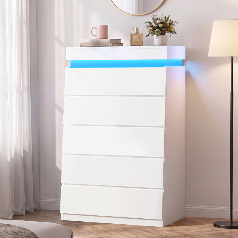 Commode haute 5 tiroirs avec lumière DEL, Blanc