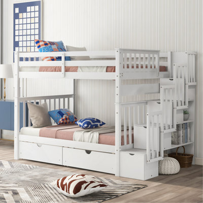 Full Over Full Bunk Bed With Shelves And 6 Storage Drawers