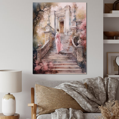 Elegant Woman Walking Down Stairs II - Woman Romantic Wall Art