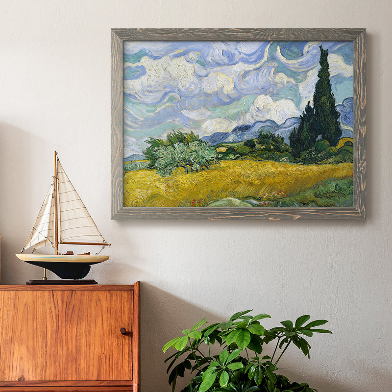 Champ de blé avec cyprès, reproduction sur toile, Gris, H 28 po x l 42 po