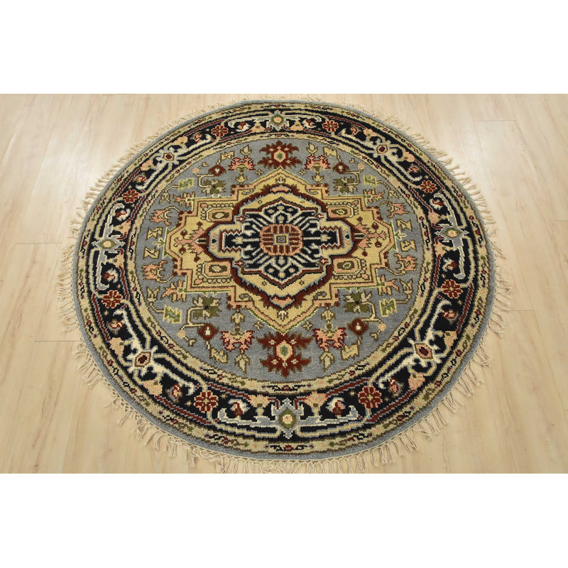 Tapis oriental en laine bleu noué à la main 5 pi x 4 pi 11 po Heriz