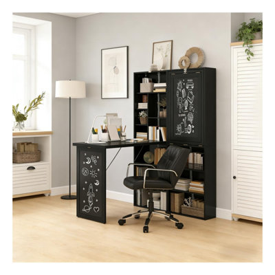 Wall-Mounted Fold-Down Computer Desk, Convertible Home Office Writing Table with Storage, Black Finish