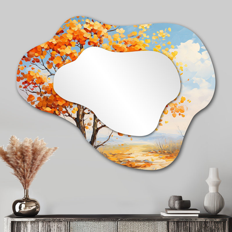 Orange American Basswood Essence IV - Tree Cloud Large Wall Mirror, Orange Asymmetrical Decorative Mirror, Printed Metal Art