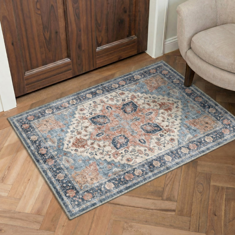 Astra Blue / Orange Indoor Oriental Performance Area Rug,Machine Washable,with Non-Slip Backing, Round 5'