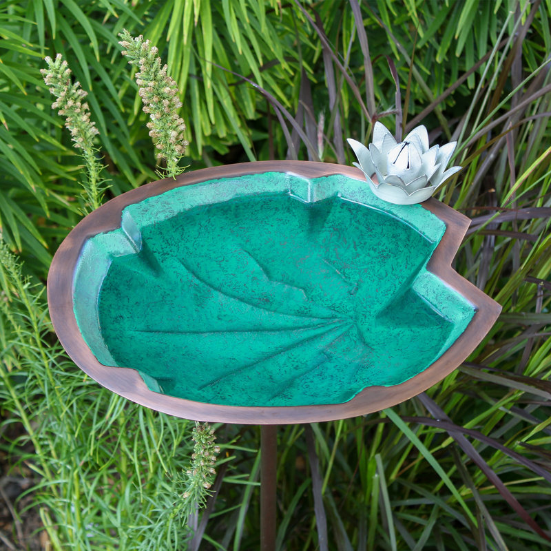 Green Patina Metal Lilypad Birdbath with Stake