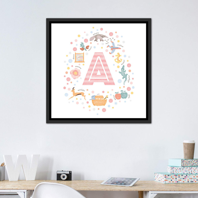 Lettre illustrée A - rose, Pas de tapis, Toile avec cadre noir patiné, H 37 po x l 37 po x P 1,5 po