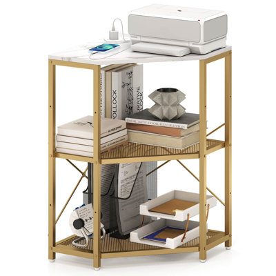 Corner Printer Stand with Charging Station Adjustable Metal Mesh Shelf White