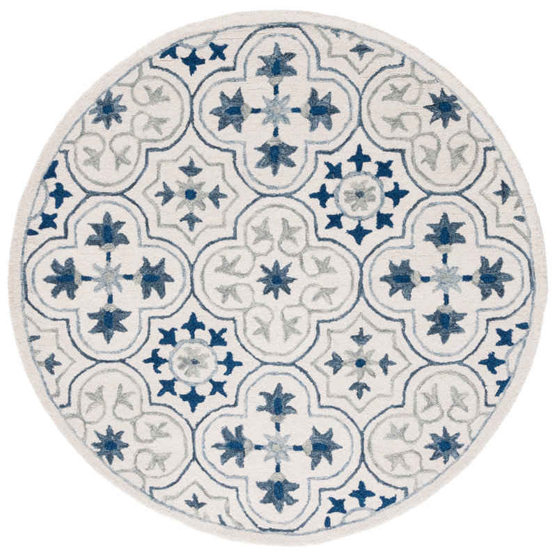 Tapis floral bleu / ivoire en laine / coton touffeté à la main Cendy, Rond 5 pi