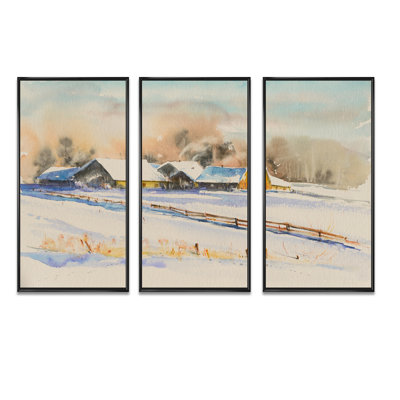 Petit village au coucher du soleil recouvert de neige - ensemble d'art mural sur toile traditionnel encadré de 3