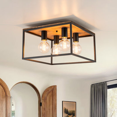 Milenija 4-Light Square Cage Wood Accents Flush Mount