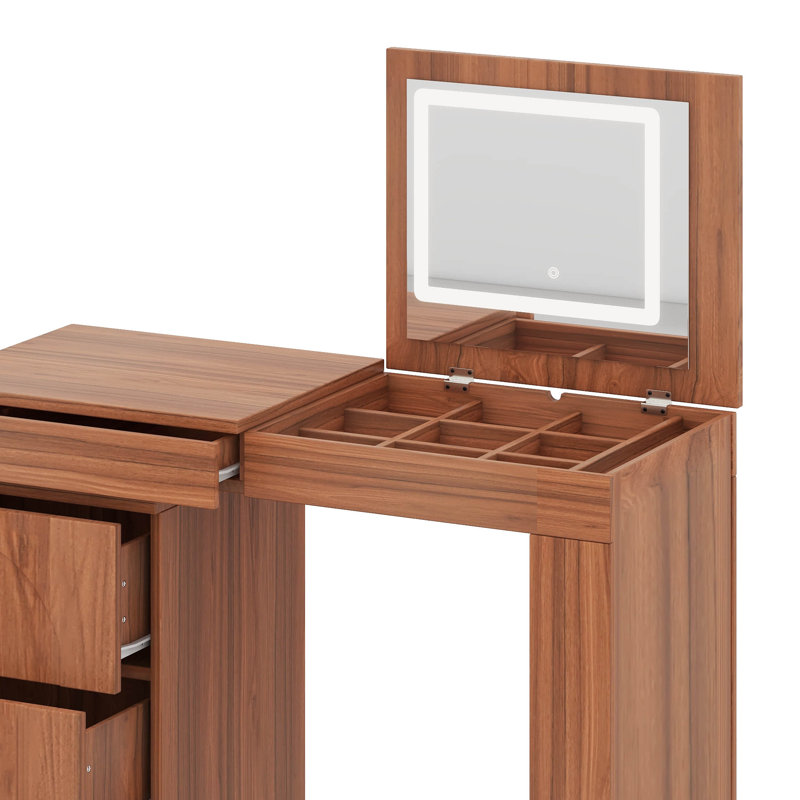 Vanity Desk With Mirror And Lights, Makeup Vanity Table With Flip-Top Tabletop And Drawers,Shelves, Walnut