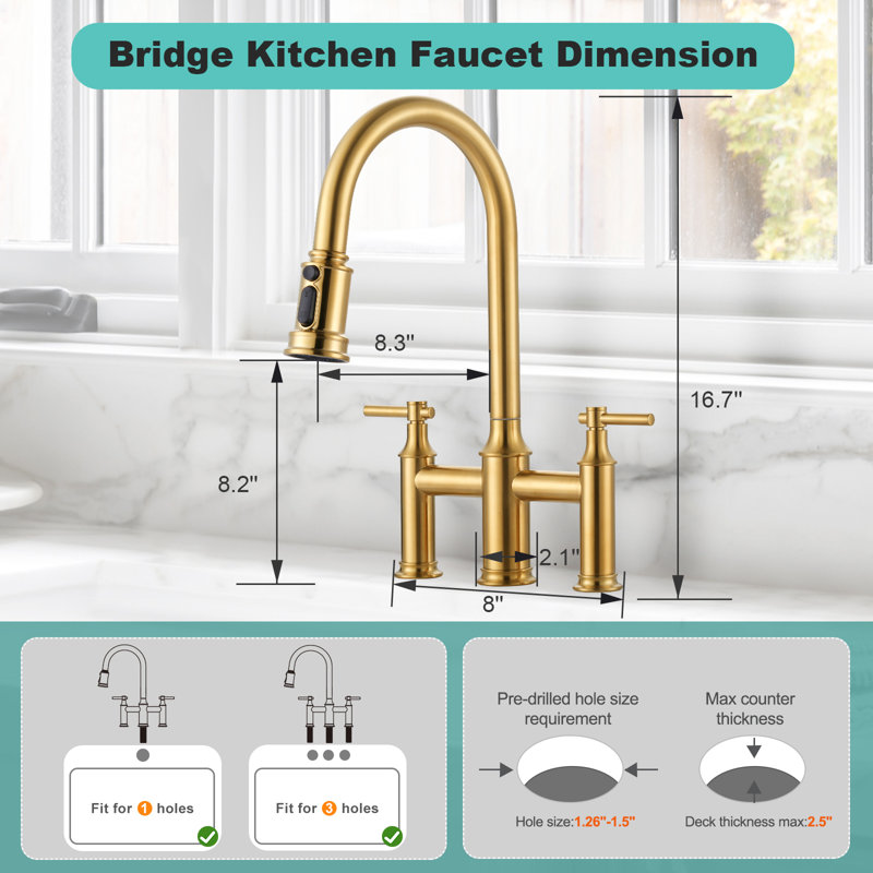3 Holes 8 Inch Centerset Bridge Kitchen Faucet With Pull Down Sprayer, Gold