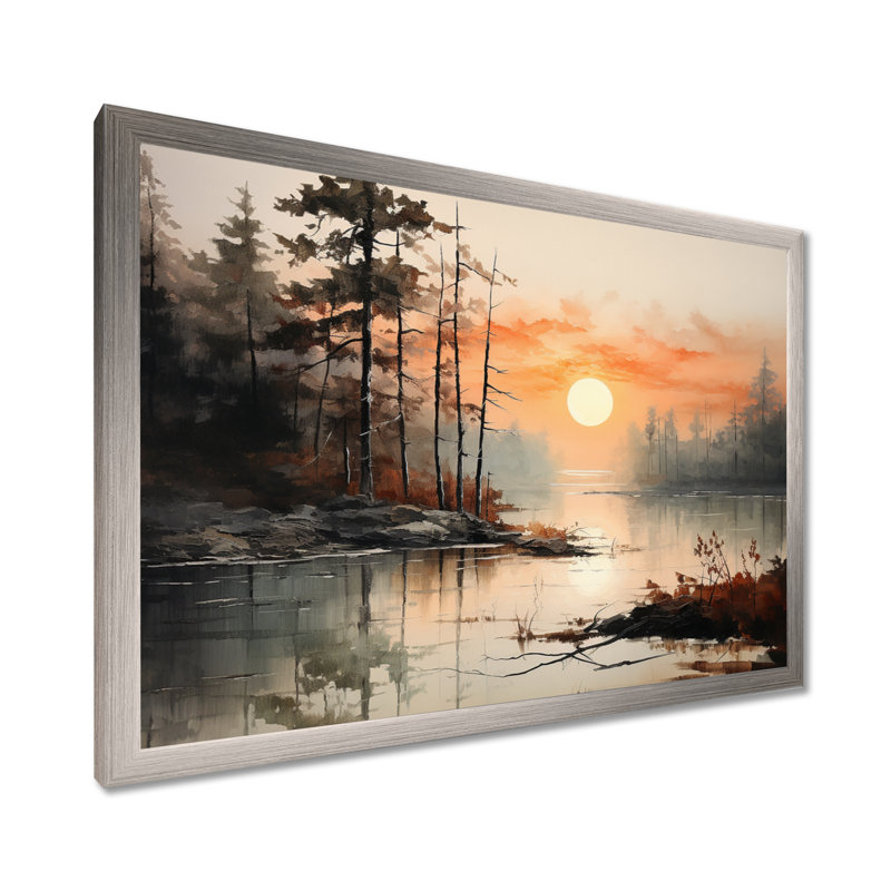«Lake Misty Morning Reflections I - Lakes Lakehouse», art mural sur toile, Cadre simple argenté, H 34 po x l 44 po x P 1,5 po