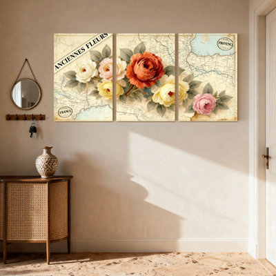 Rose Vintage Floral Map Design With Roses Set of 3 Canvas Wall Art Prints