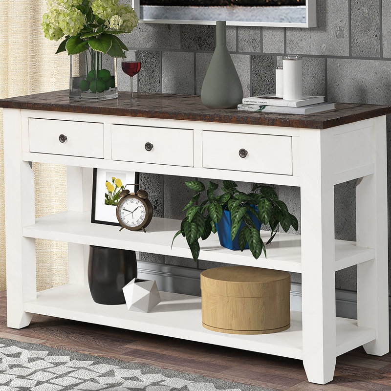 Console en bois de pin massif 48 po, table d'appoint moderne avec 3 rangements