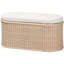 Rangement naturel avec structure en bois, plateau relevable révélant un espace spacieux, rembourrage en mousse et tissu recouvert, composition rustique entièrement assemblée, ouverture au compartiment, distinction