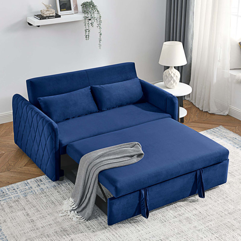 Canapé-lit en velours 55 po Sharmel, Velours bleu