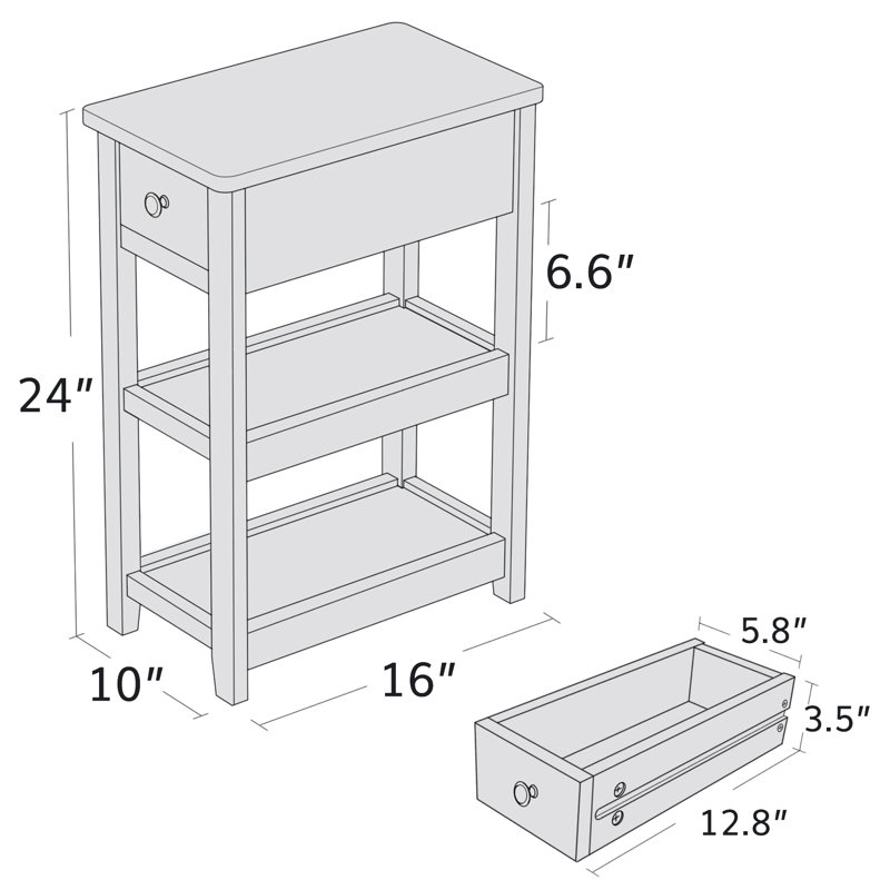 24'' Tall End Table, Narrow Side Table with Drawer and Shelves for Small Space, Black