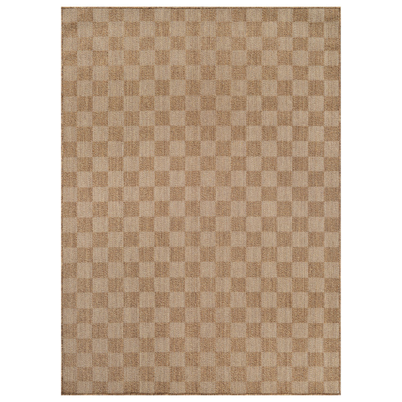 Checkered Sand/Natural Easy-Care Jute-Style Indoor/Outdoor Flat Woven Area Rug, Sand, Rectangle 6'7" x 9'