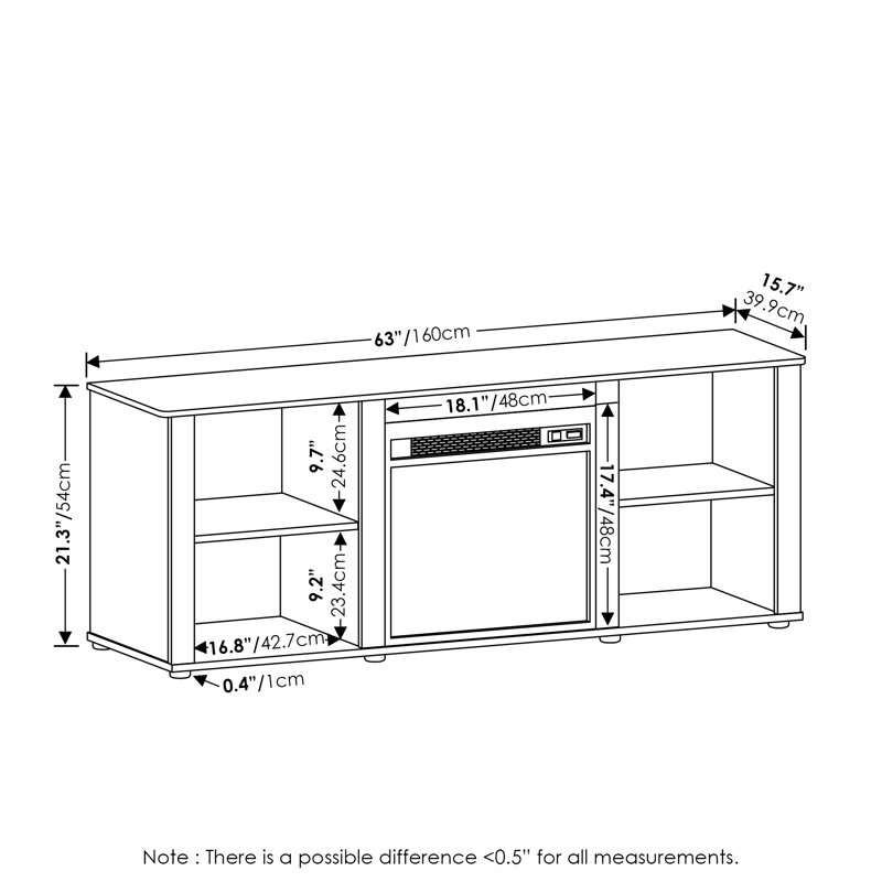 Meuble télé avec foyer électrique Callalily, H 21,4 po x l 63 po x P 15,8 po, Chêne noir