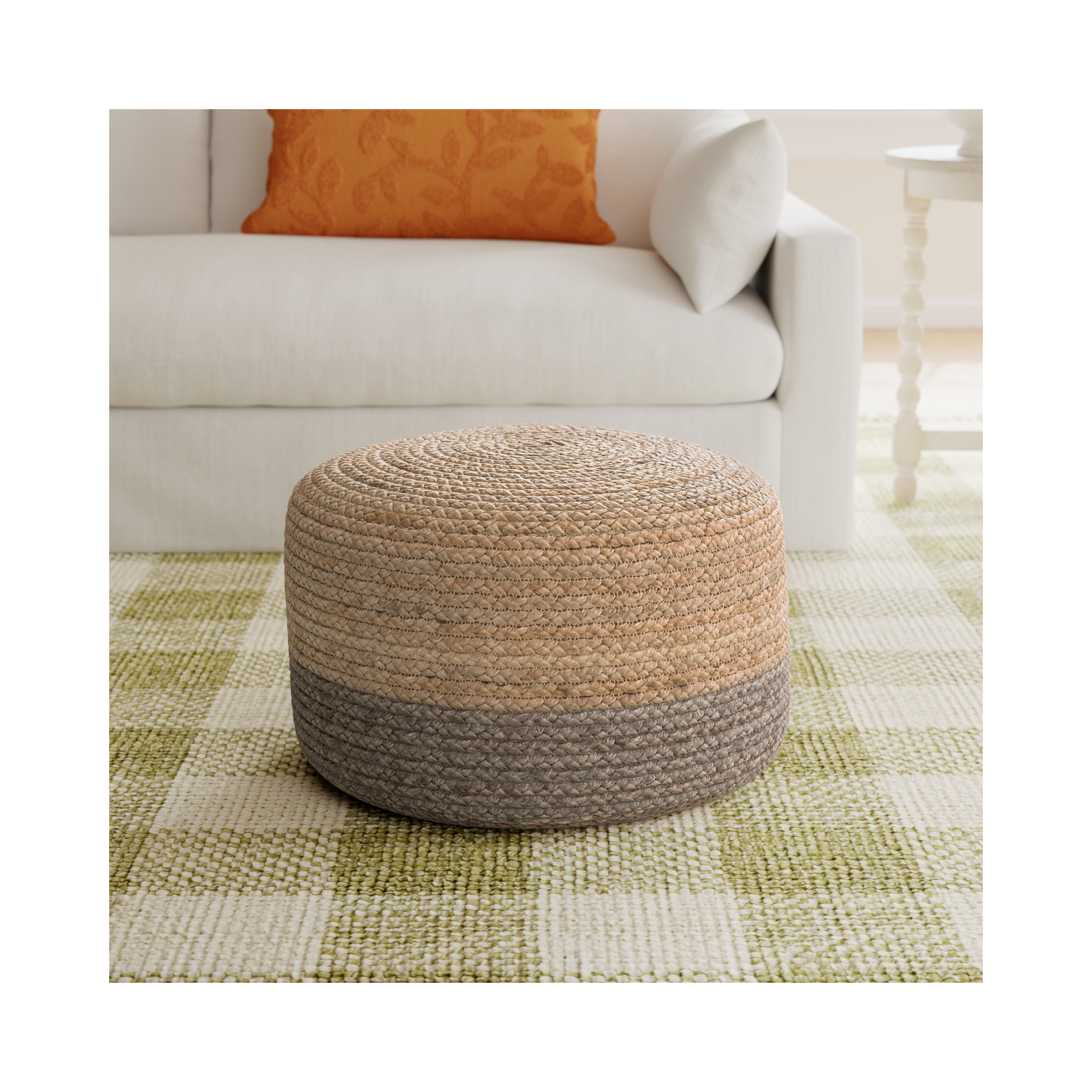 Teele 18" Wide Round Pouf Ottoman, Taupe Jute