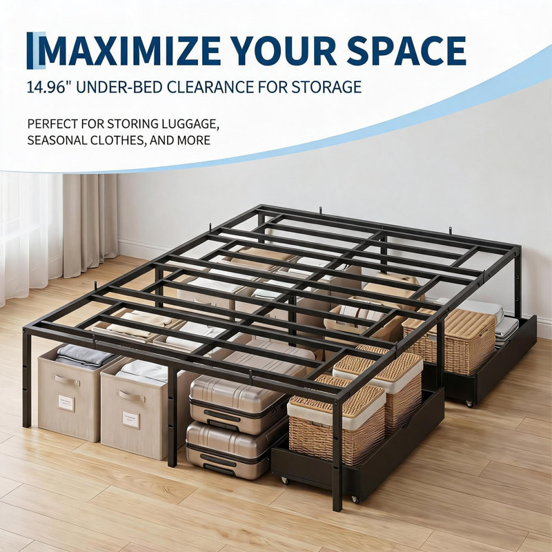 Full Size Platform Bed, Heavy Duty Metal Bed Frame with Underbed Storage