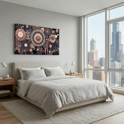 Geometric Copper Flowers on Black Background Canvas Wall Art