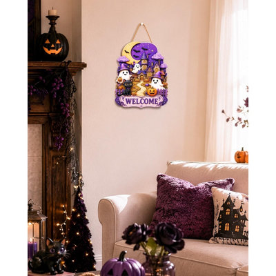 Panneau de porte d'Halloween fantôme mauve, couronne suspendue en bois effrayant, décoration de porte d'entrée de bienvenue mignonne, décoration d'Halloween pour porche, mur, fenêtre et entrée