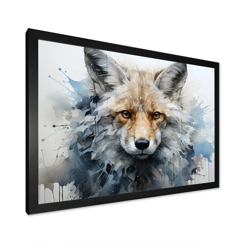 Portrait de renard bleu et blanc, Cadre simple noir, H 34 po x l 44 po x P 1,5 po