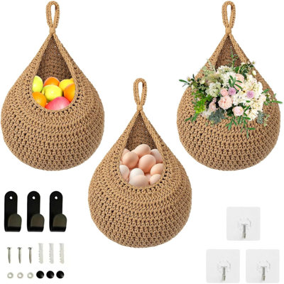 Paniers à fruits suspendus pour la cuisine, paquet de 3 paniers suspendus Boho pour fruits et légumes, cintres en macramé pour plantes d'intérieur, paniers de rangement pour la cuisine, décoration murale
