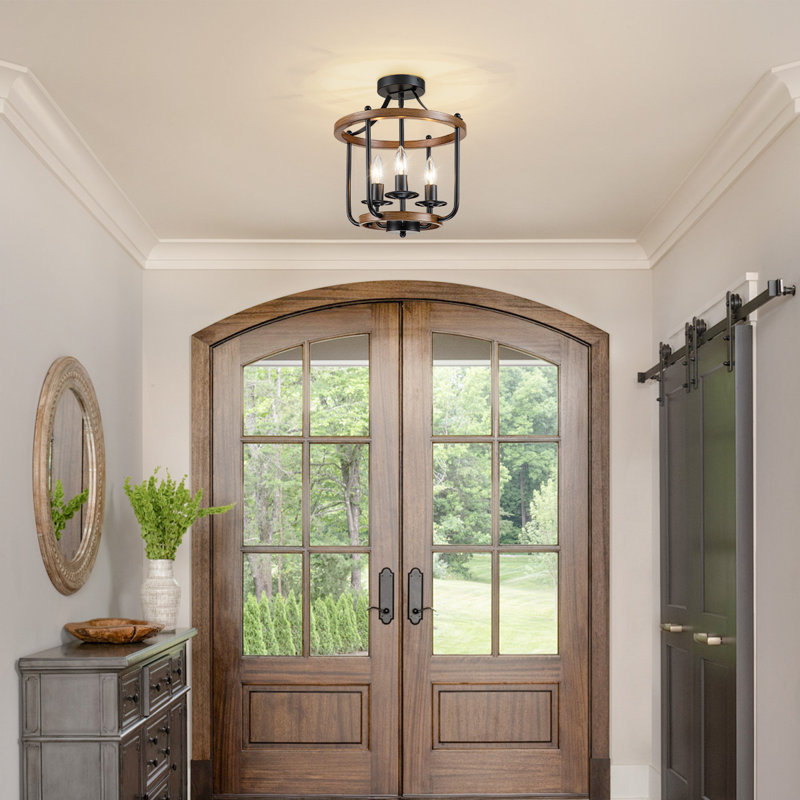 3-light Farmhouse Black Semi Flush Mount, Matte Black/Wood Accents