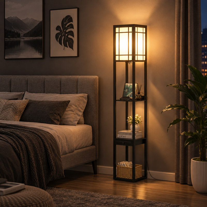 Lampe sur pied 63 pouces avec 3 tablettes, tiroir, prise de courant et 2 ports USB, chaîne de traction, noir
