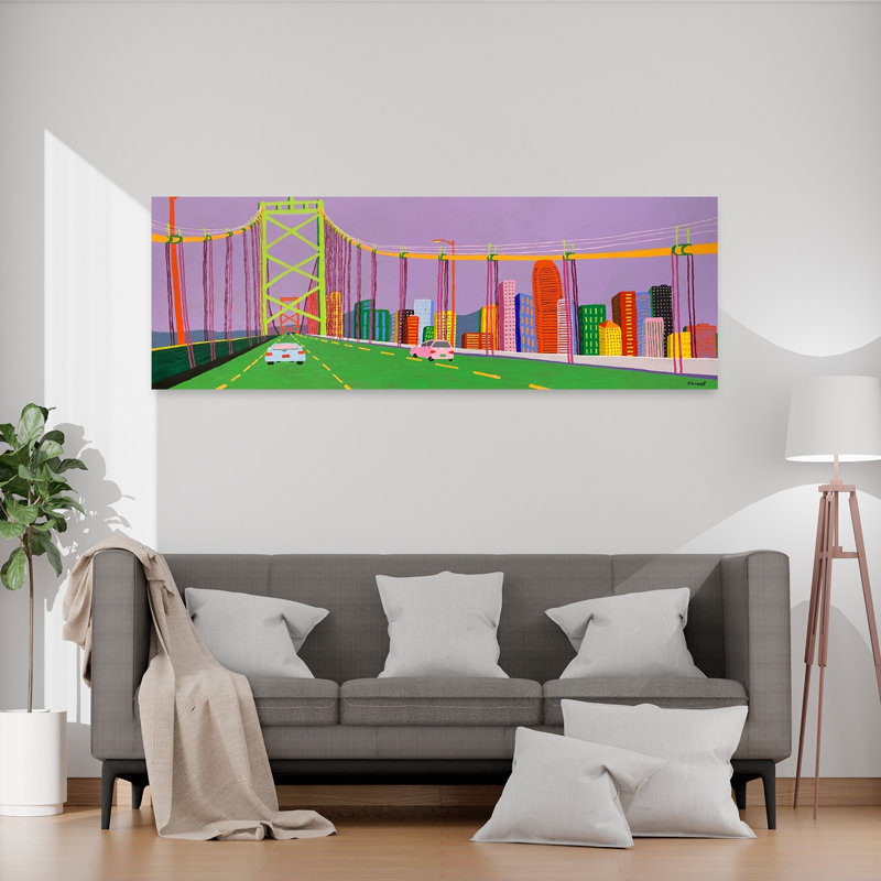 «Vibrant City Bridge Skyline», art moderne coloré de l'architecture de la ville, H 20 po x l 60 po