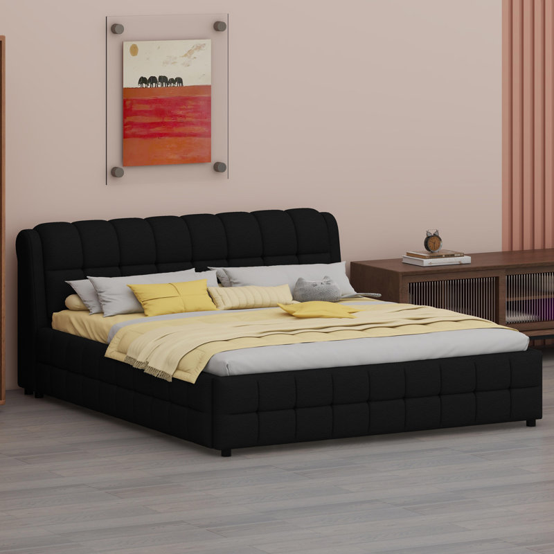 Upholstered Platform Bed With Modern Silhouette, Black