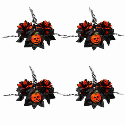Couronne de bougie 13,8 po d'Halloween, mini couronne artificielle en paquet de 4 avec citrouilles-lanternes, fleurs orange-noires et feuilles de fougère noire, petite couronne d'automne pour porte-bougie, centre de table, décor de récolte d'Halloween